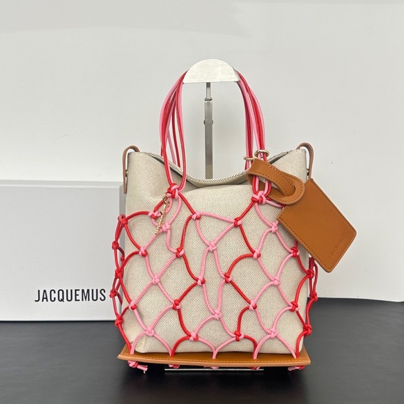 Jacquemus Handbags - Jacquemus Beige Canvas Tote with Pink & Red Rope Netting